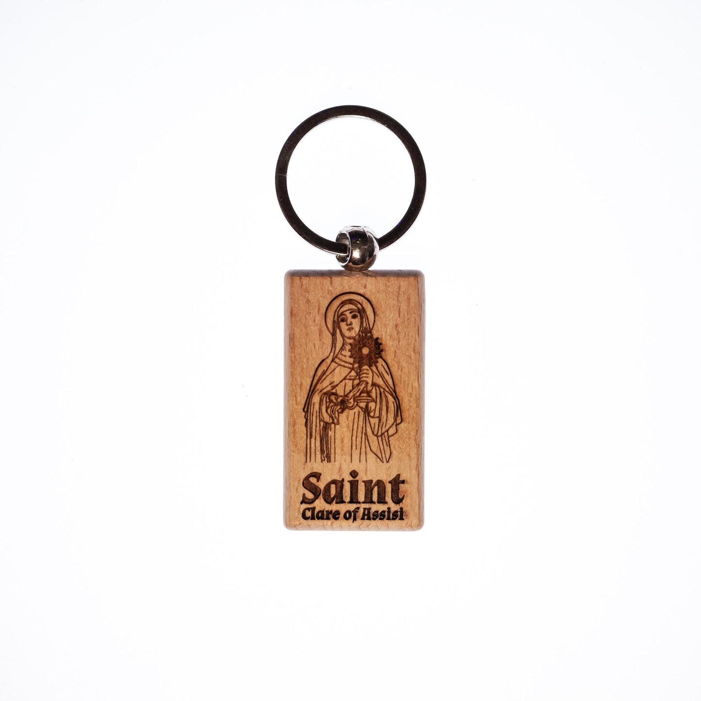 Saint Clare of Assisi, Solid Wood Keychain, Engraved in the USA, Catholic