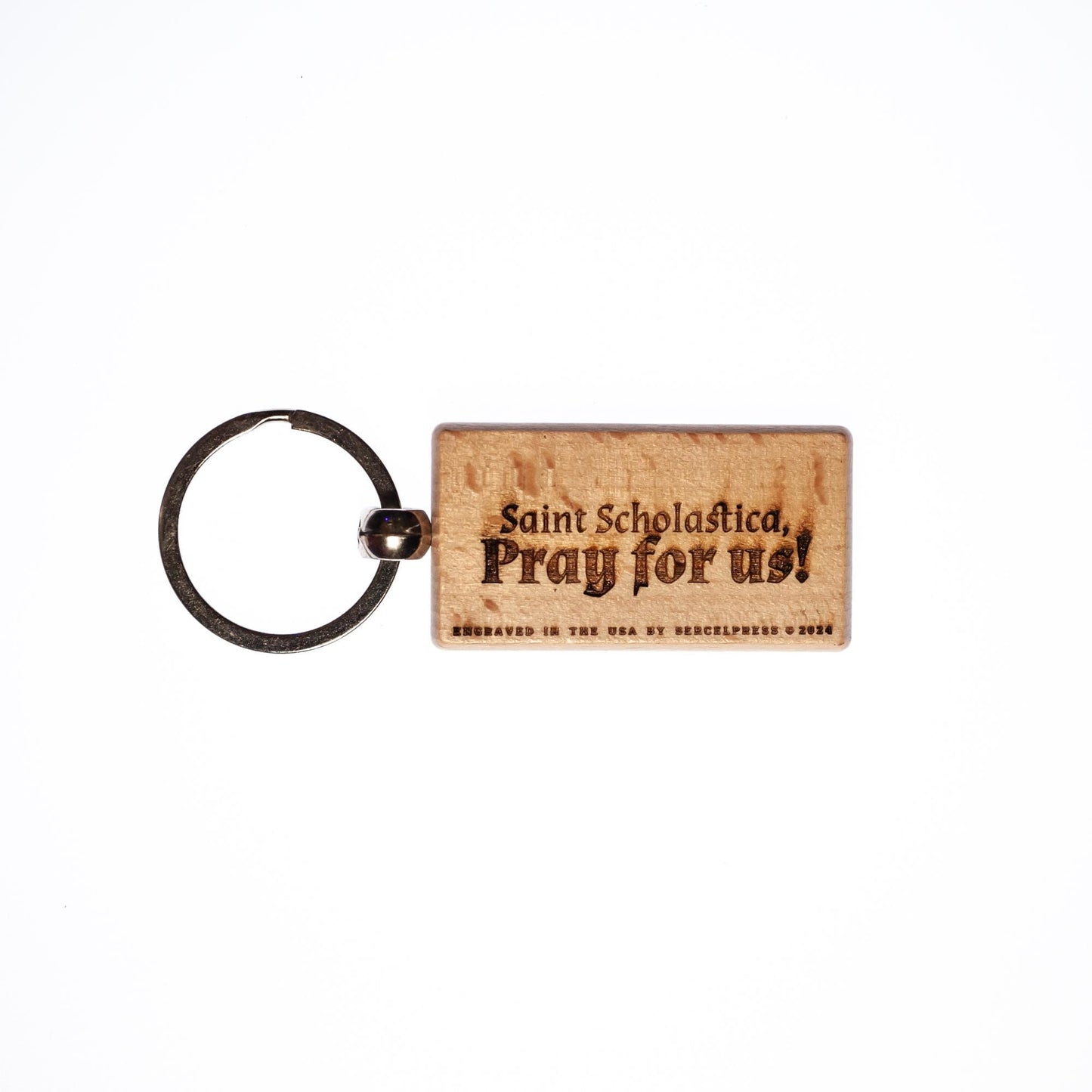 Saint Scholastica, Solid Wood Keychain, Engraved in the USA, Catholic