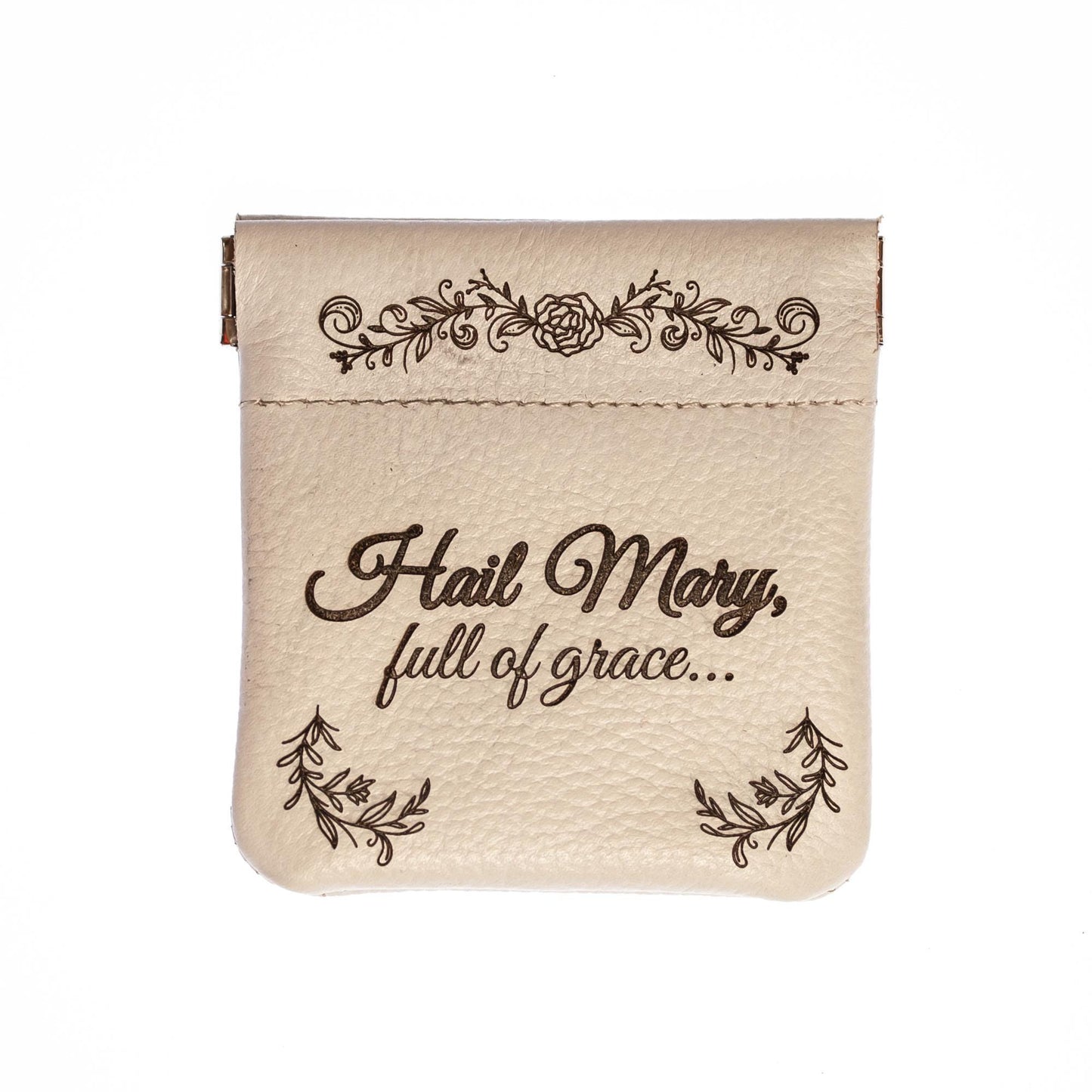 Hail Mary, Full of Grace, Genuine Leather Engraved Rosary Pouch, Handmade in the USA, Catholic