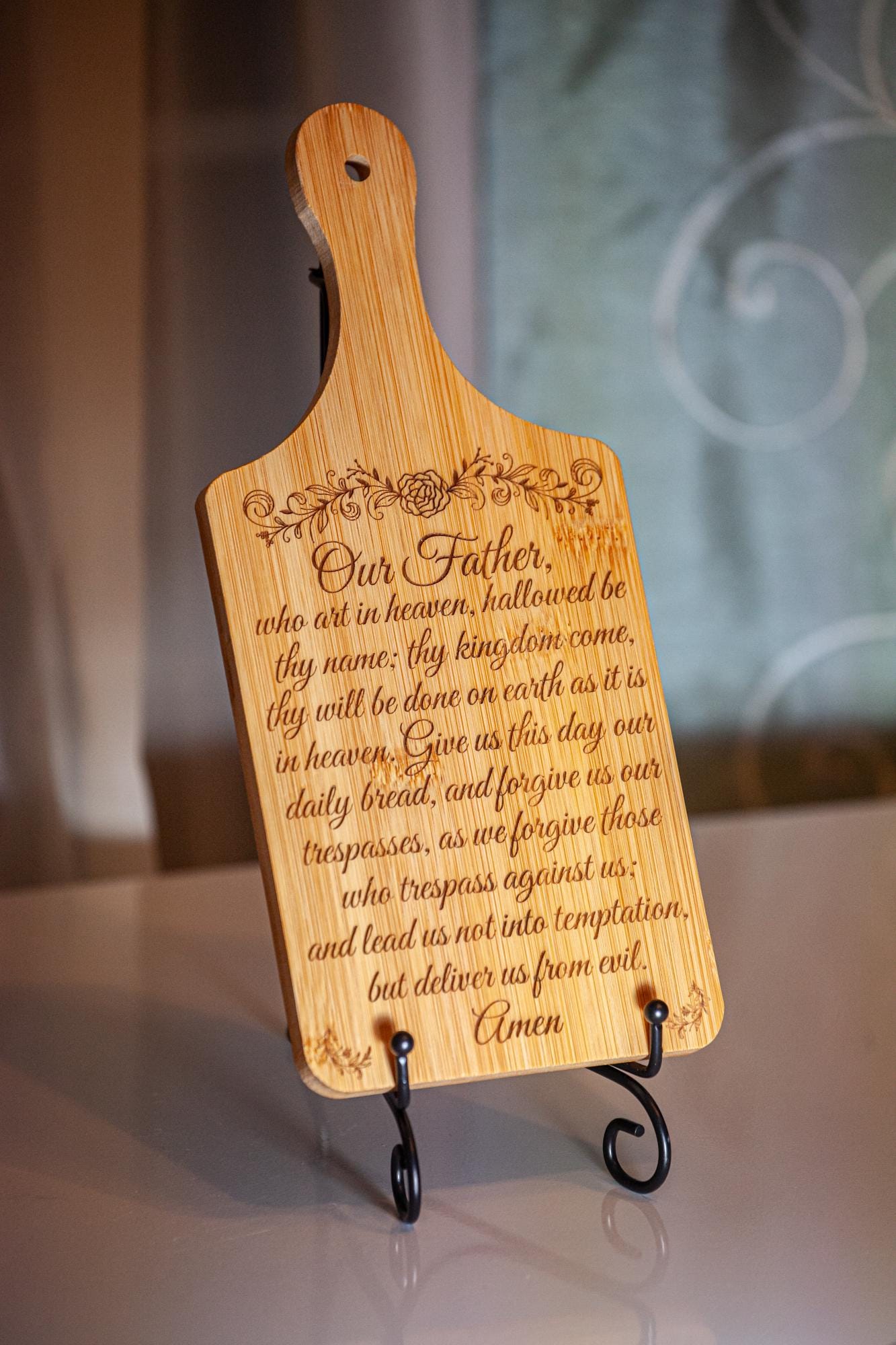 Our Father, Decorative Bamboo Cutting Board, 11" x 5", Engraved in the USA, Catholic Living, The Lord's Prayer