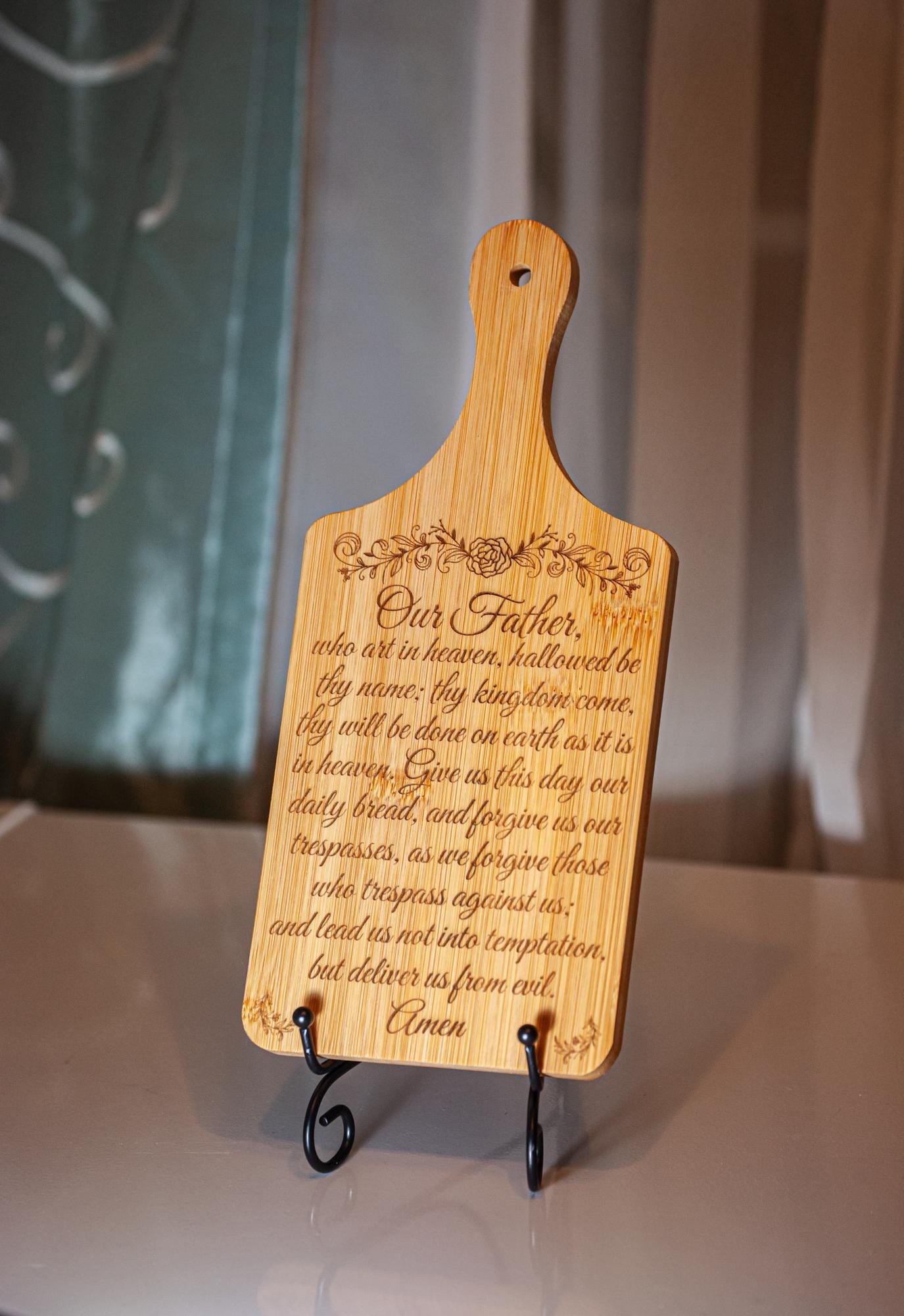 Our Father, Decorative Bamboo Cutting Board, 11" x 5", Engraved in the USA, Catholic Living, The Lord's Prayer