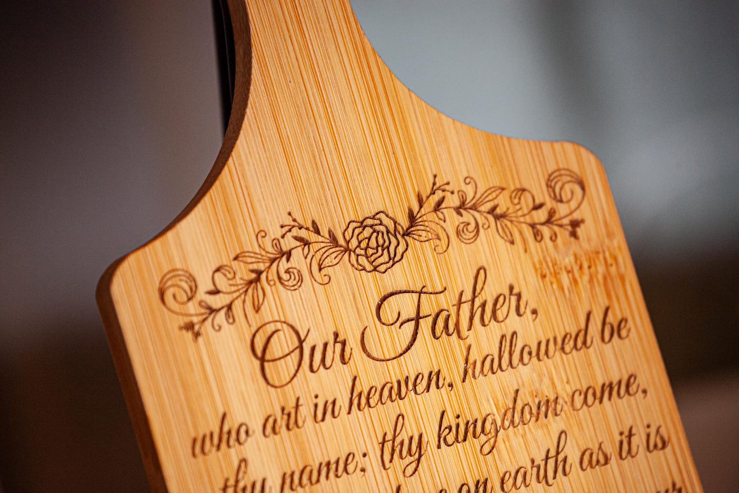 Our Father, Decorative Bamboo Cutting Board, 11" x 5", Engraved in the USA, Catholic Living, The Lord's Prayer