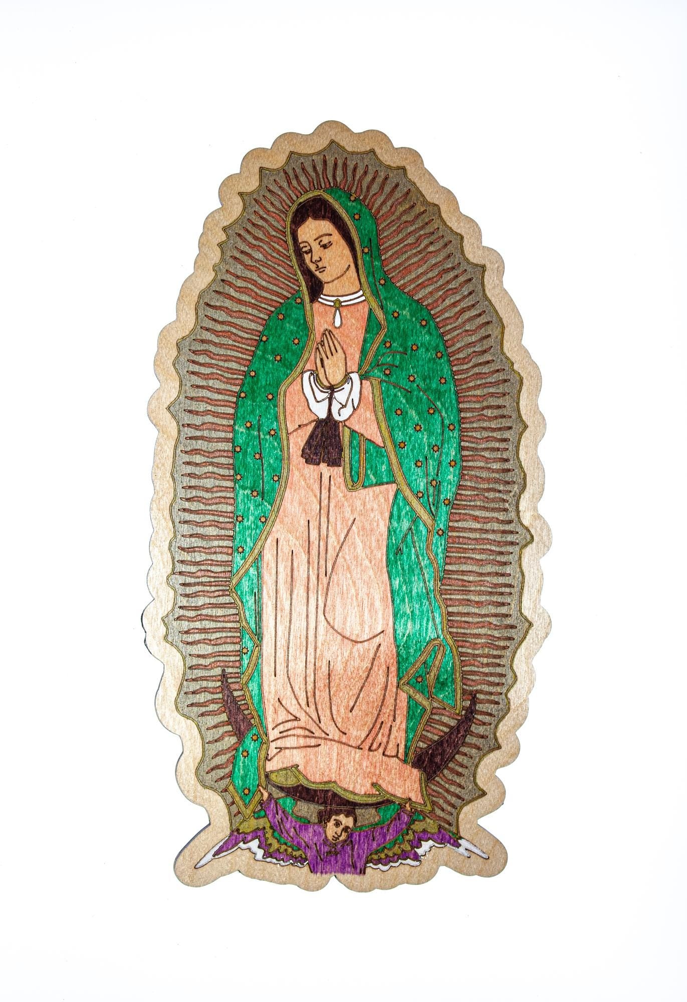 Our Lady of Guadalupe, Hand-Colored Laser Engraved Wall Art, 11" x 5.75", Engraved and Hand-Colored in the USA, Catholic Living