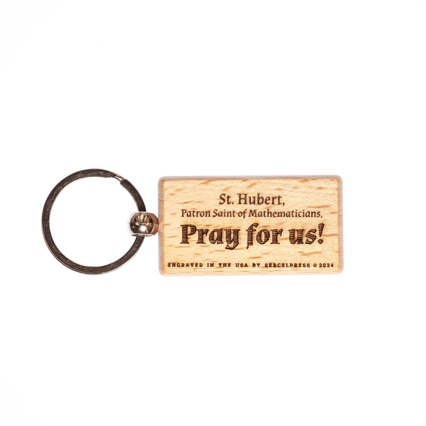 Saint Hubert, Solid Wood Keychain, Engraved in the USA, Catholic, Patron of Mathematicians, Hunters