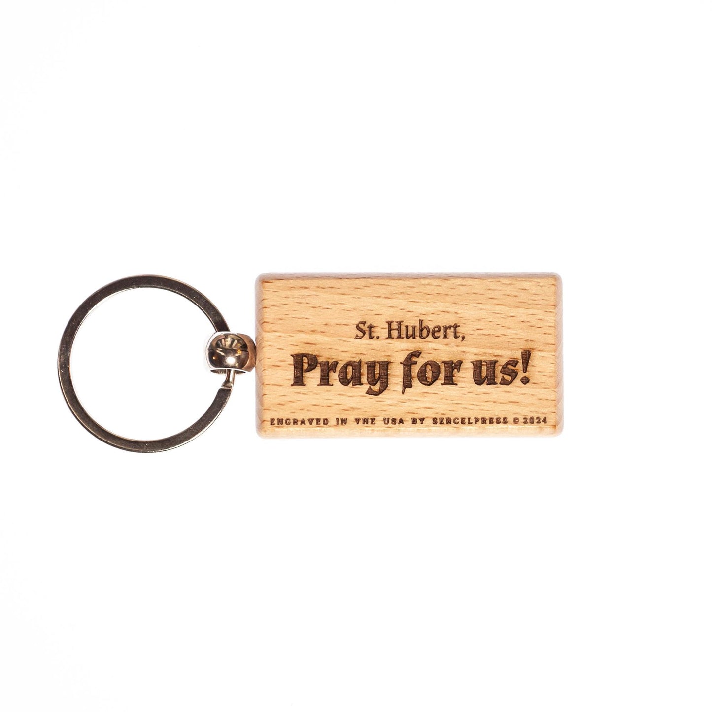 Saint Hubert, Solid Wood Keychain, Engraved in the USA, Catholic, Patron of Mathematicians, Hunters