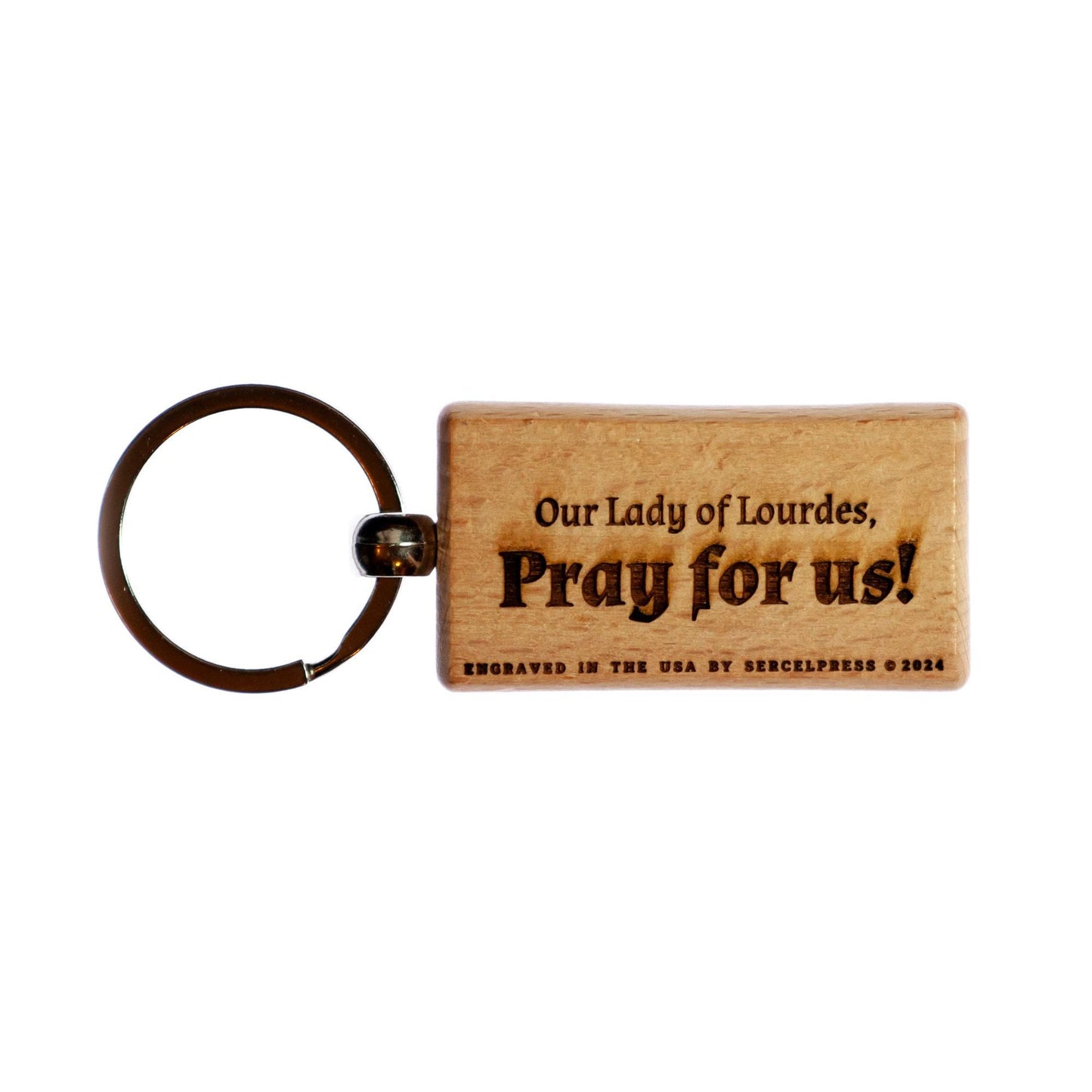 Our Lady of Lourdes, Hand-Colored, Solid Wood Keychain, Engraved in the USA, Catholic