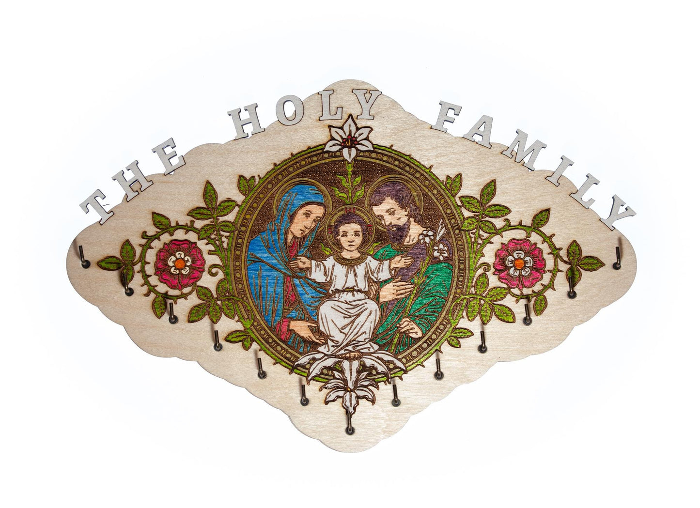 Large Hand-Colored Holy Family Rosary Hanger, 13 Hooks, 11.75 x 7.75 Inches, Made in the USA, Jesus, Mary and Joseph, Catholic Living