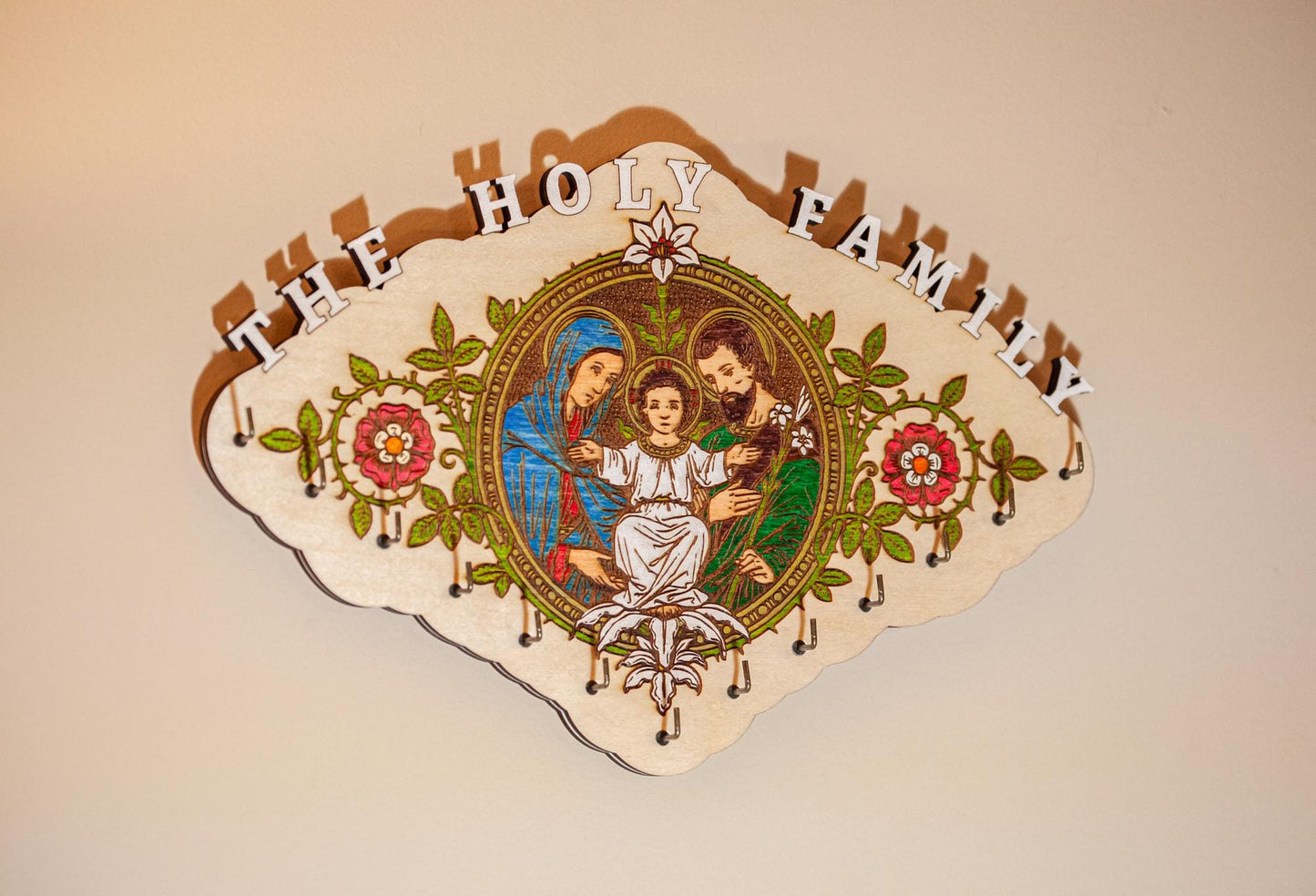 Large Hand-Colored Holy Family Rosary Hanger, 13 Hooks, 11.75 x 7.75 Inches, Made in the USA, Jesus, Mary and Joseph, Catholic Living