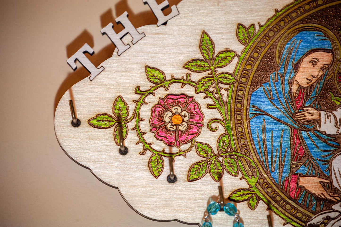 Large Hand-Colored Holy Family Rosary Hanger, 13 Hooks, 11.75 x 7.75 Inches, Made in the USA, Jesus, Mary and Joseph, Catholic Living