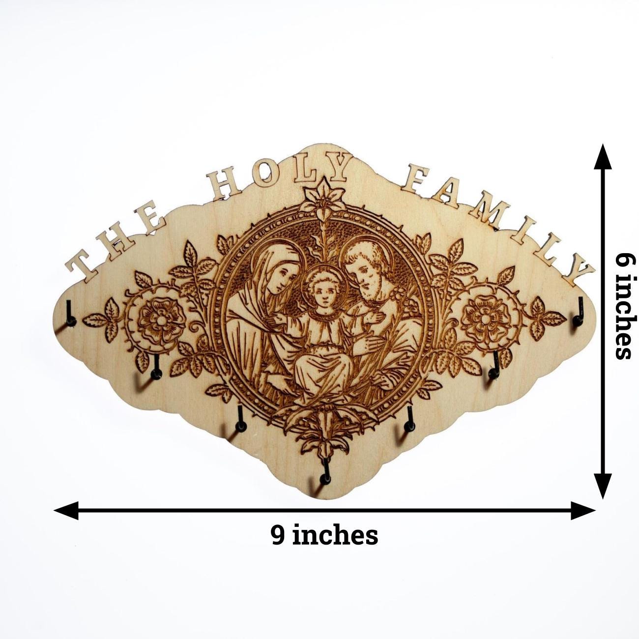 Holy Family Rosary Hanger, 7 Rosary Hooks, 9 x 6 Inches, Made in the USA, Holy Family of Jesus, Mary and Joseph, Catholic Living