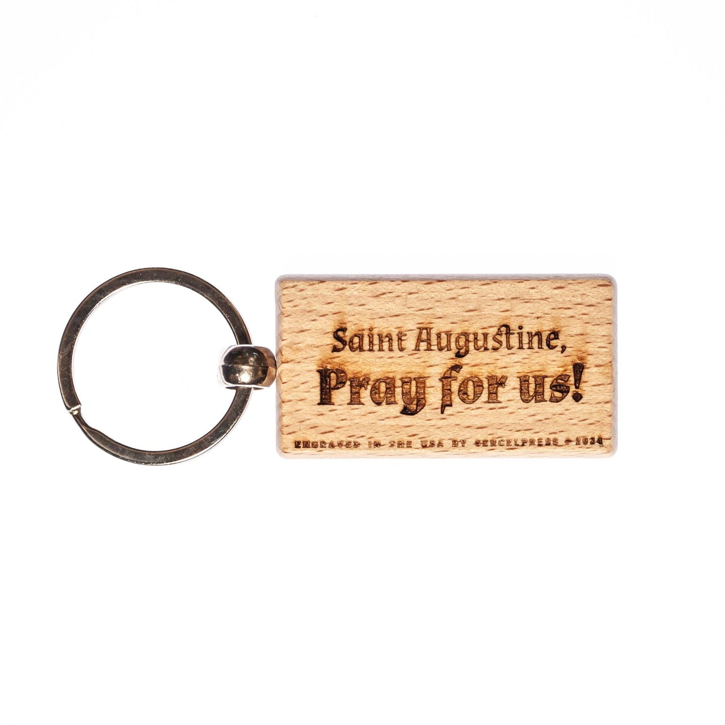 Saint Augustine, Hand-Colored, Solid Wood Keychain, Engraved in the USA, Catholic