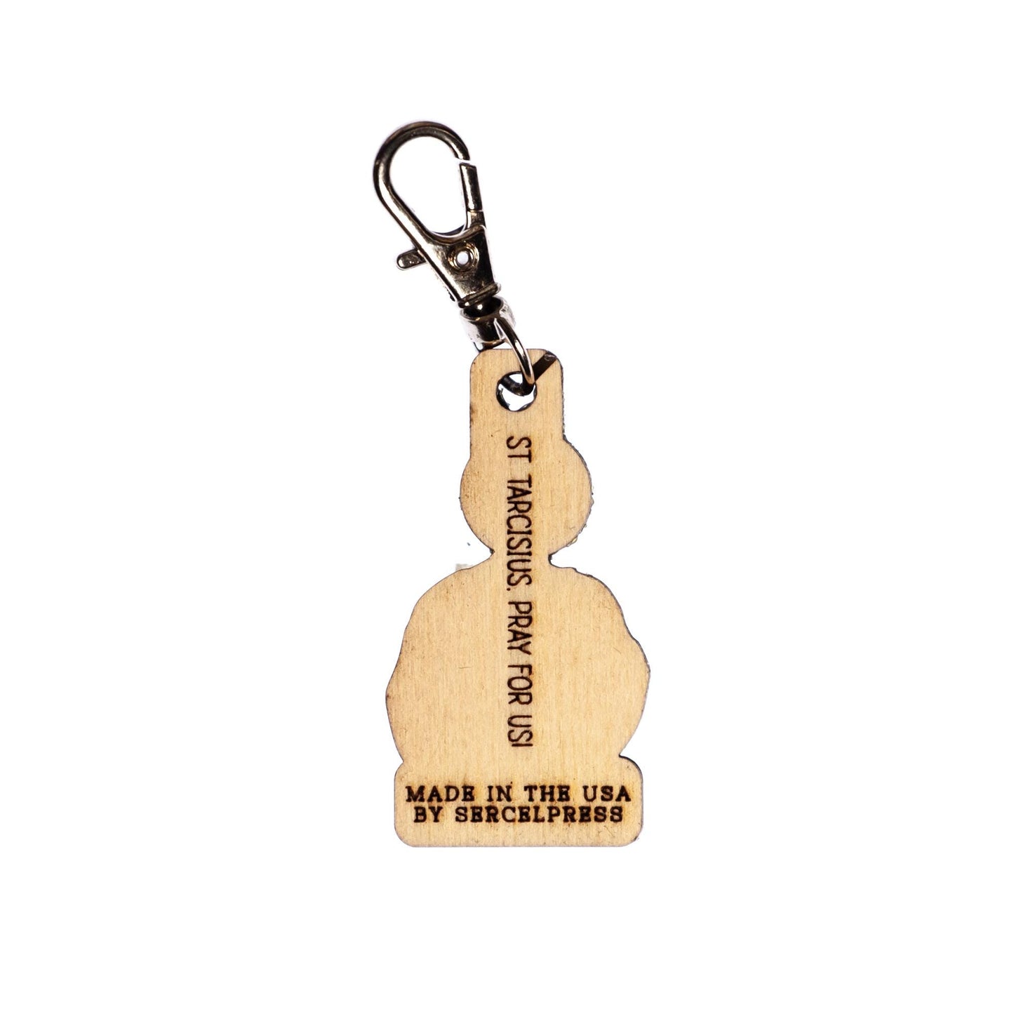 Saint Tarcisius Engraved Wood Keychain with Clip for Keys, Backpack, Purse, or Bag, Made in the USA, Patron of Altar Servers