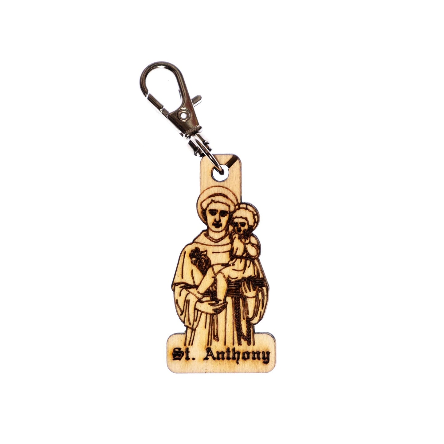 Saint Anthony Engraved Wood Keychain with Clip for Keys, Backpack, Purse, or Bag, Made in the USA, Catholic
