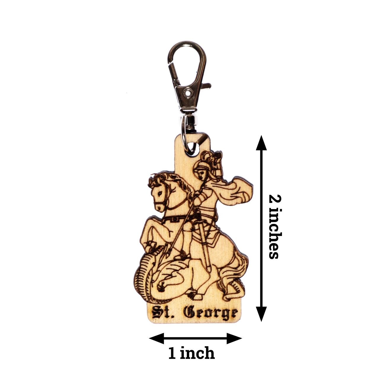 Saint George Engraved Wood Keychain with Clip for Keys, Backpack, Purse, or Bag, Made in the USA, Catholic