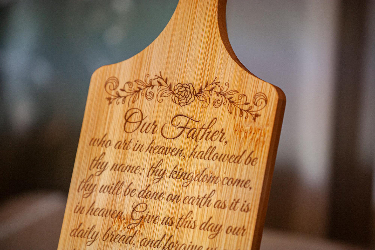Our Father, Decorative Bamboo Cutting Board, 11" x 5", Engraved in the USA, Catholic Living, The Lord's Prayer
