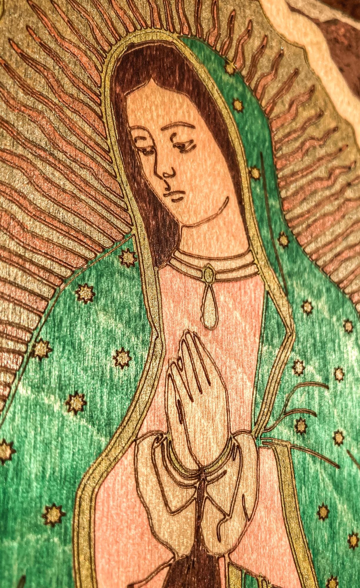 Our Lady of Guadalupe, Hand-Colored Laser Engraved Wall Art, 11" x 5.75", Engraved and Hand-Colored in the USA, Catholic Living