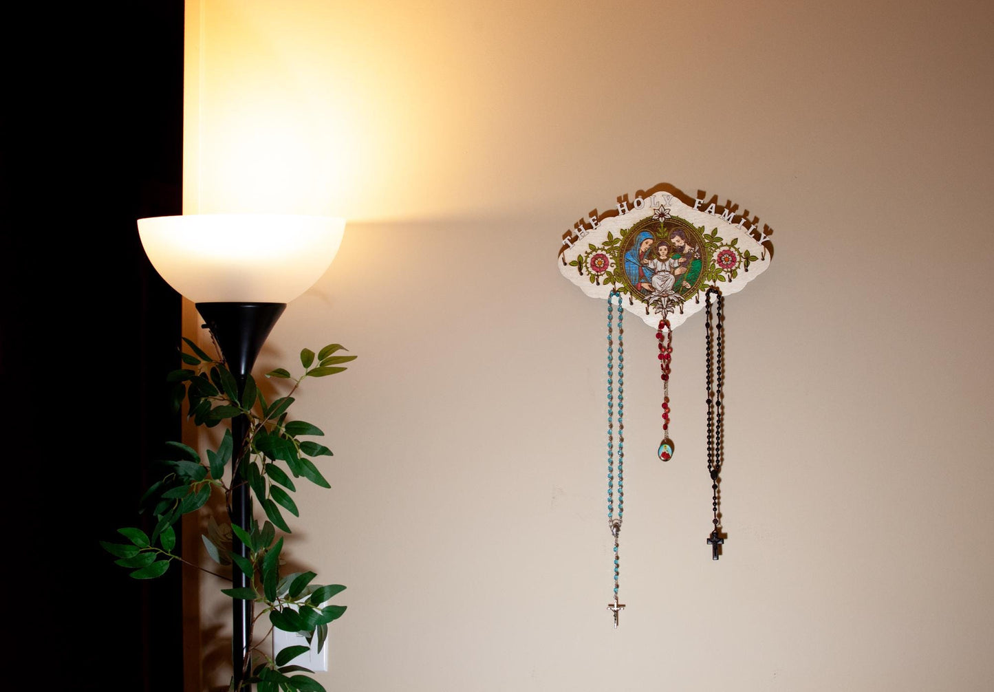 Large Hand-Colored Holy Family Rosary Hanger, 13 Hooks, 11.75 x 7.75 Inches, Made in the USA, Jesus, Mary and Joseph, Catholic Living