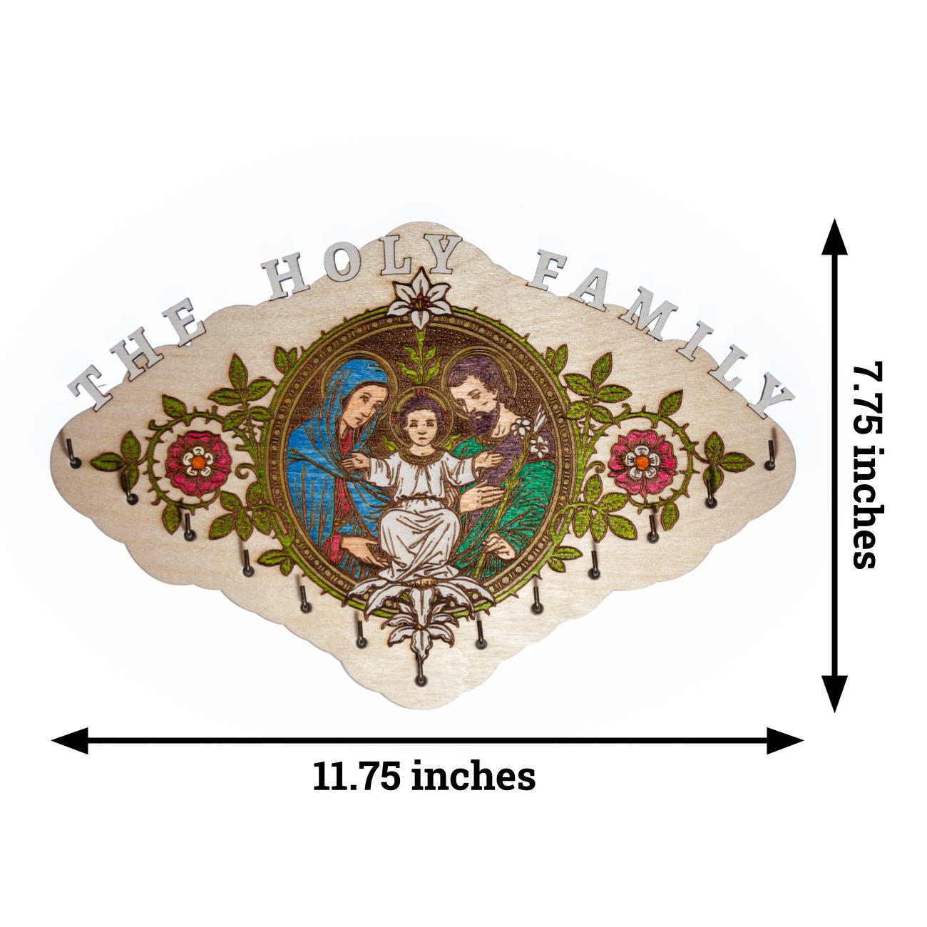 Large Hand-Colored Holy Family Rosary Hanger, 13 Hooks, 11.75 x 7.75 Inches, Made in the USA, Jesus, Mary and Joseph, Catholic Living