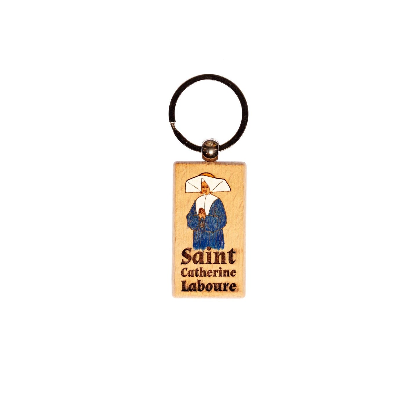 Saint Catherine Laboure, Hand-Colored, Solid Wood Keychain, Engraved in the USA, Catholic