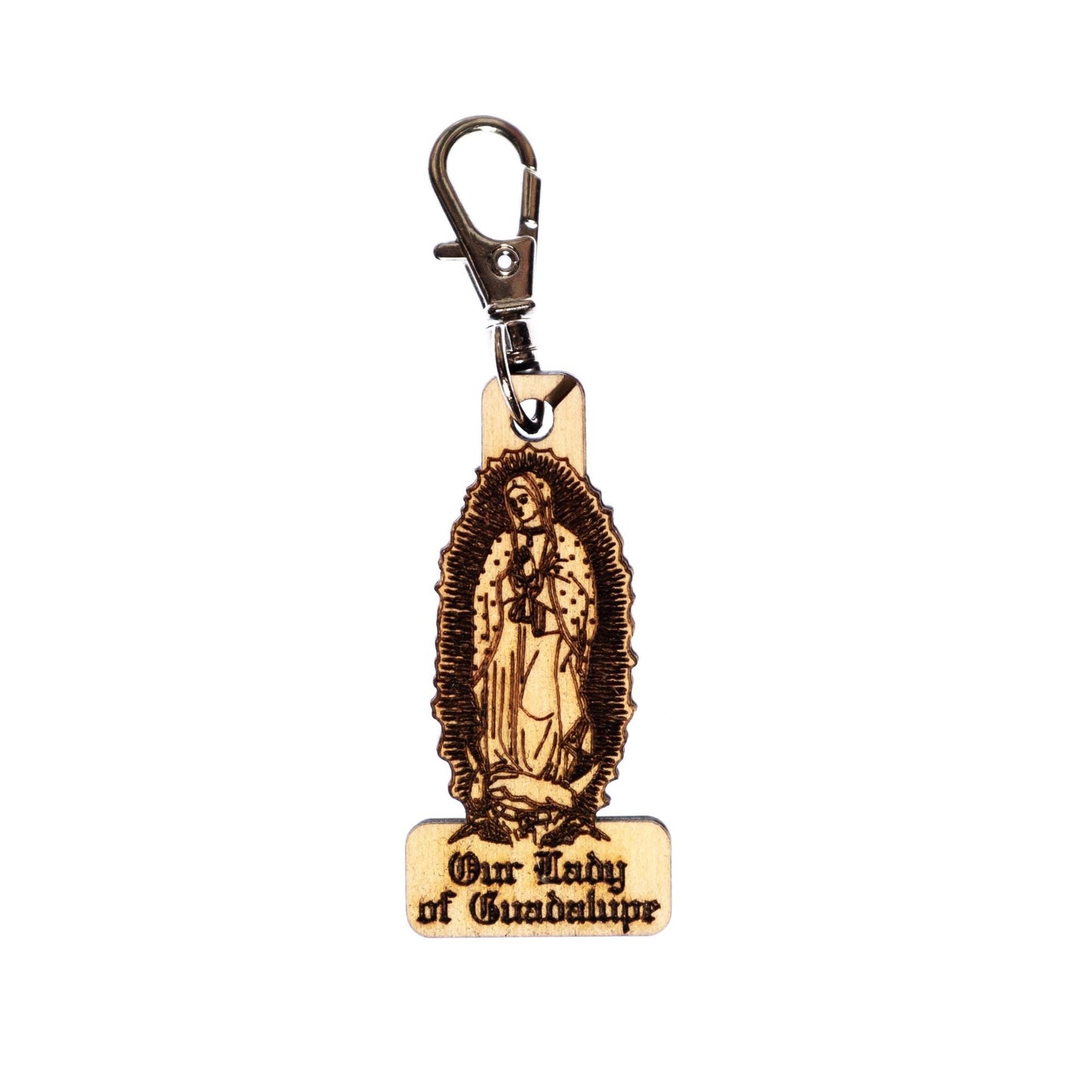 Our Lady of Guadalupe Engraved Wood Keychain with Clip for Keys, Backpack, Purse, or Bag, Made in the USA, Catholic