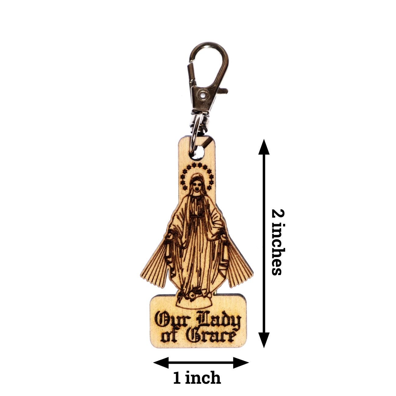 Our Lady of Grace Engraved Wood Keychain with Clip for Keys, Backpack, Purse, or Bag, Made in the USA, Catholic