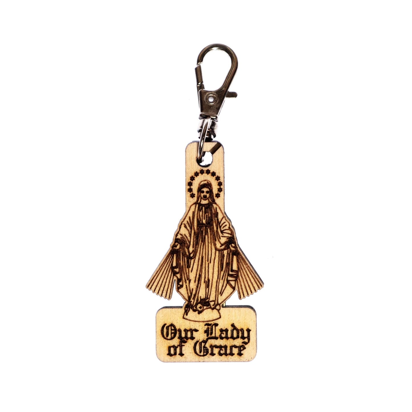 Our Lady of Grace Engraved Wood Keychain with Clip for Keys, Backpack, Purse, or Bag, Made in the USA, Catholic