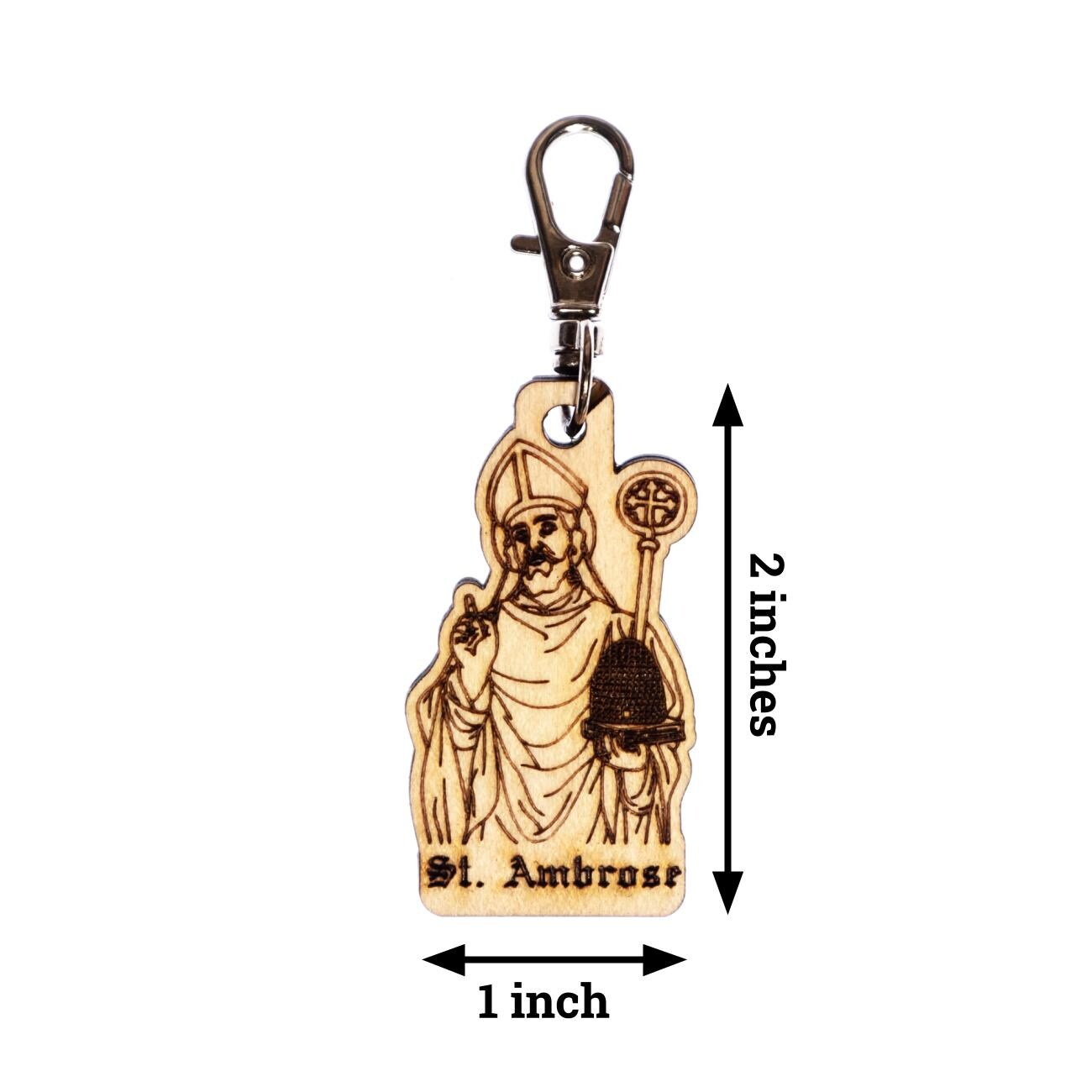 Saint Ambrose Engraved Wood Keychain with Clip for Keys, Backpack, Purse, or Bag, Made in the USA, Catholic