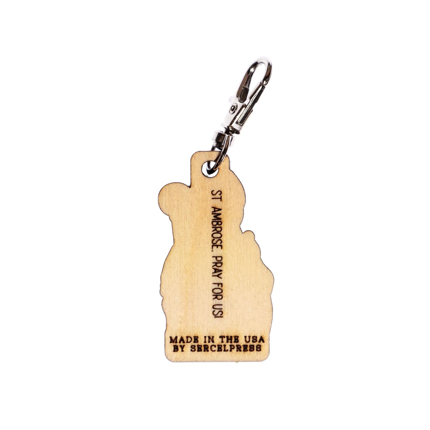 Saint Ambrose Engraved Wood Keychain with Clip for Keys, Backpack, Purse, or Bag, Made in the USA, Catholic
