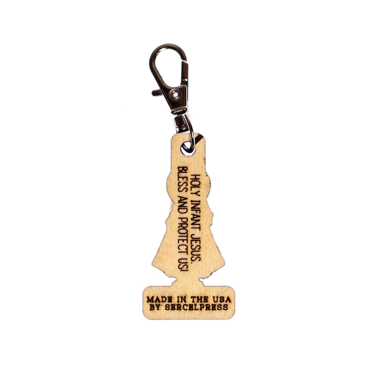 Holy Infant of Prague Engraved Wood Keychain with Clip for Keys, Backpack, Purse, or Bag, Made in the USA, Catholic