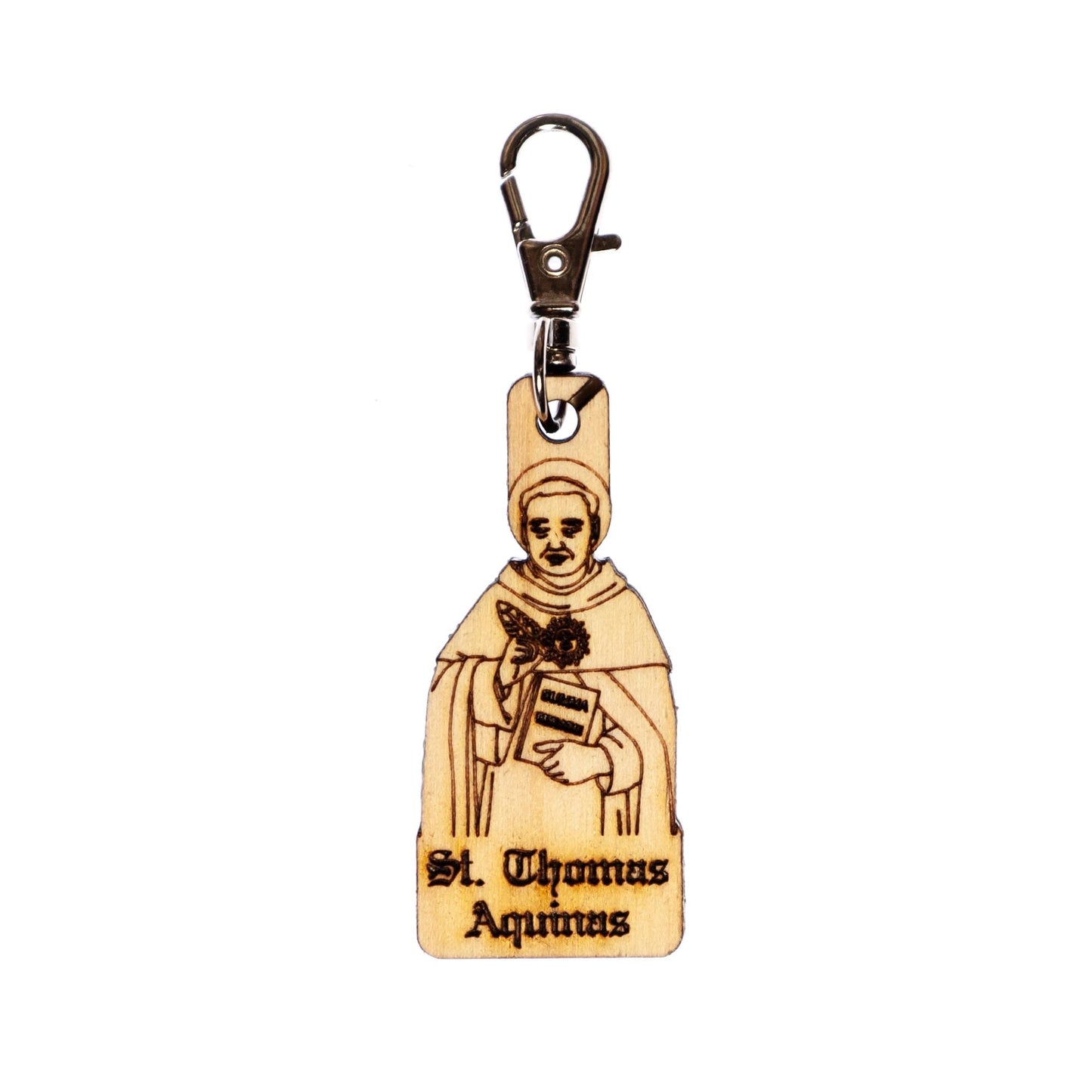 Saint Thomas Aquinas Engraved Wood Keychain with Clip for Keys, Backpack, Purse, or Bag, Made in the USA, Catholic