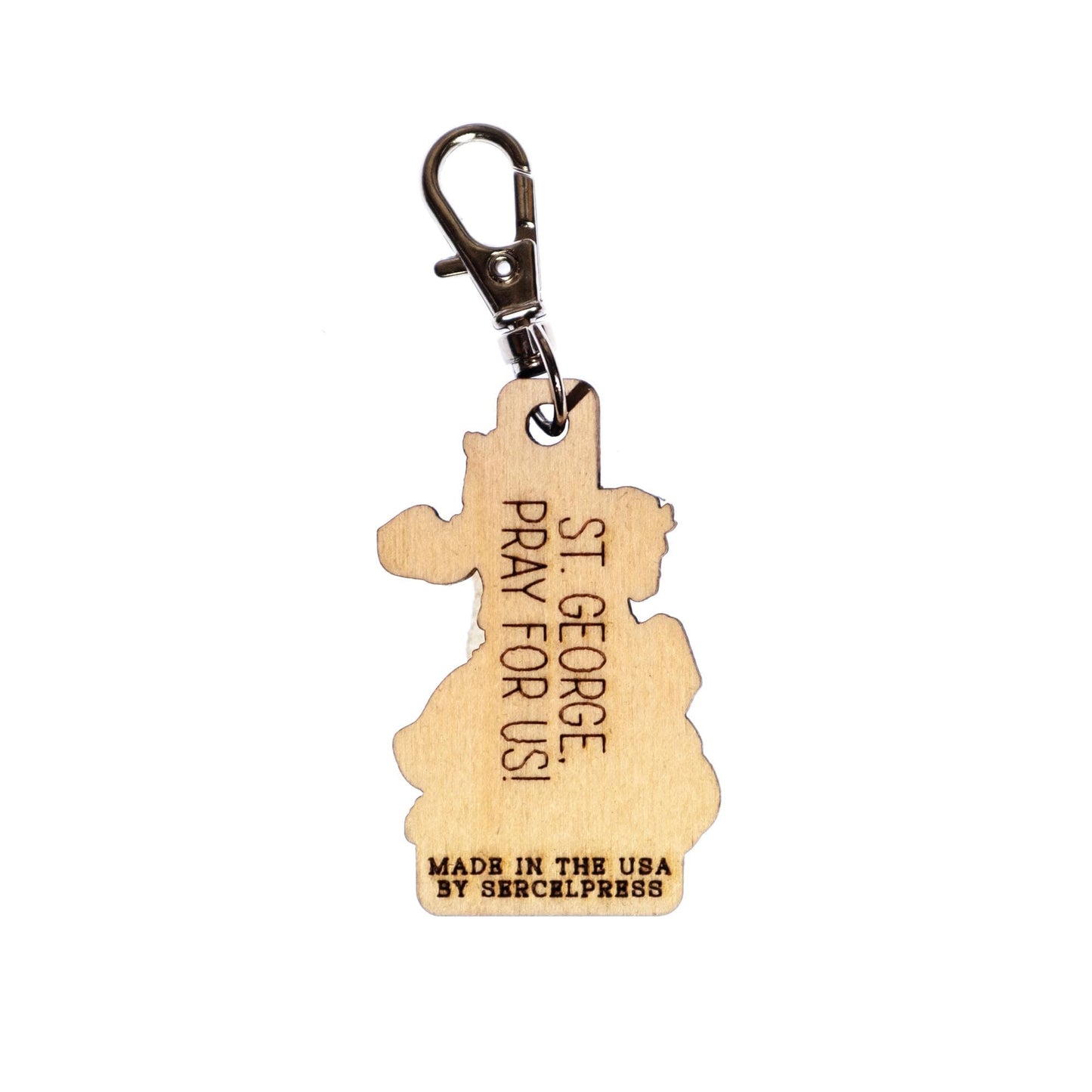 Saint George Engraved Wood Keychain with Clip for Keys, Backpack, Purse, or Bag, Made in the USA, Catholic