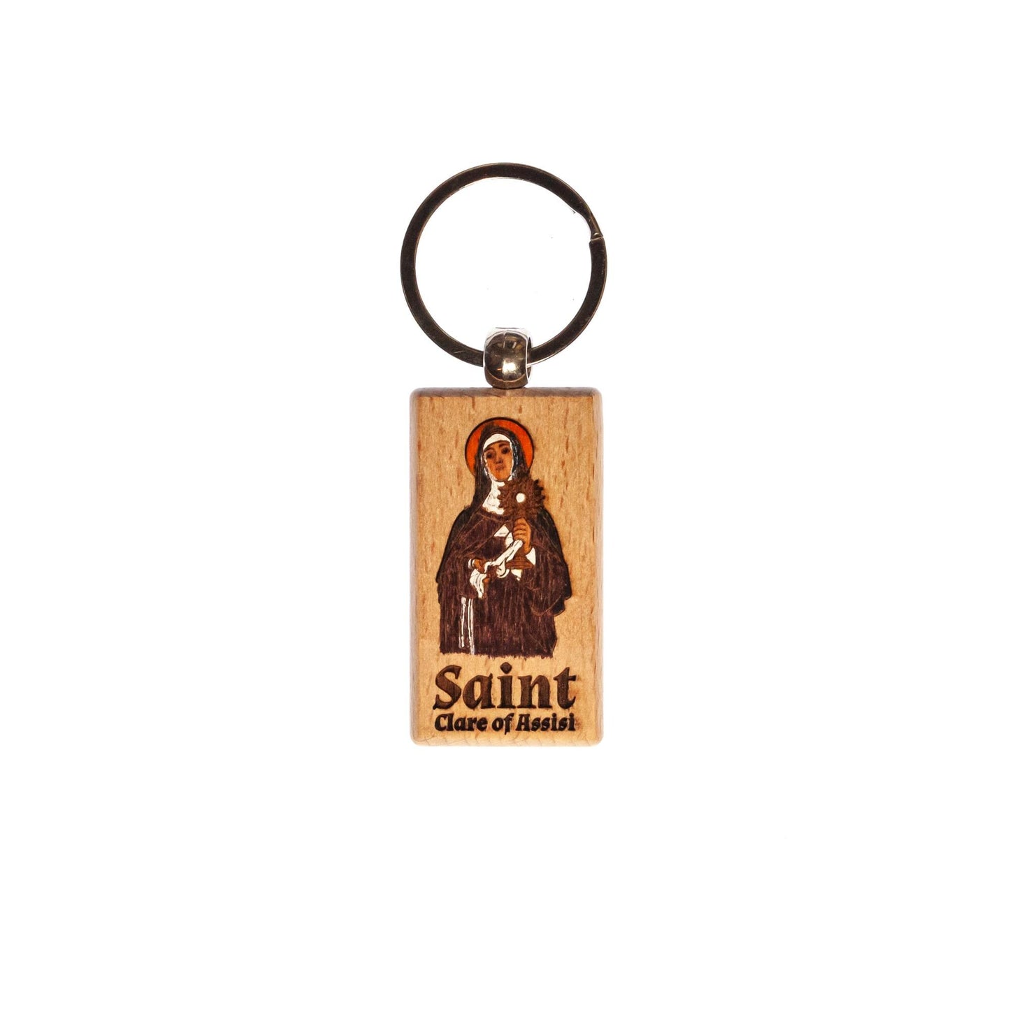 Saint Clare of Assisi, Hand-Colored, Solid Wood Keychain, Engraved in the USA, Catholic