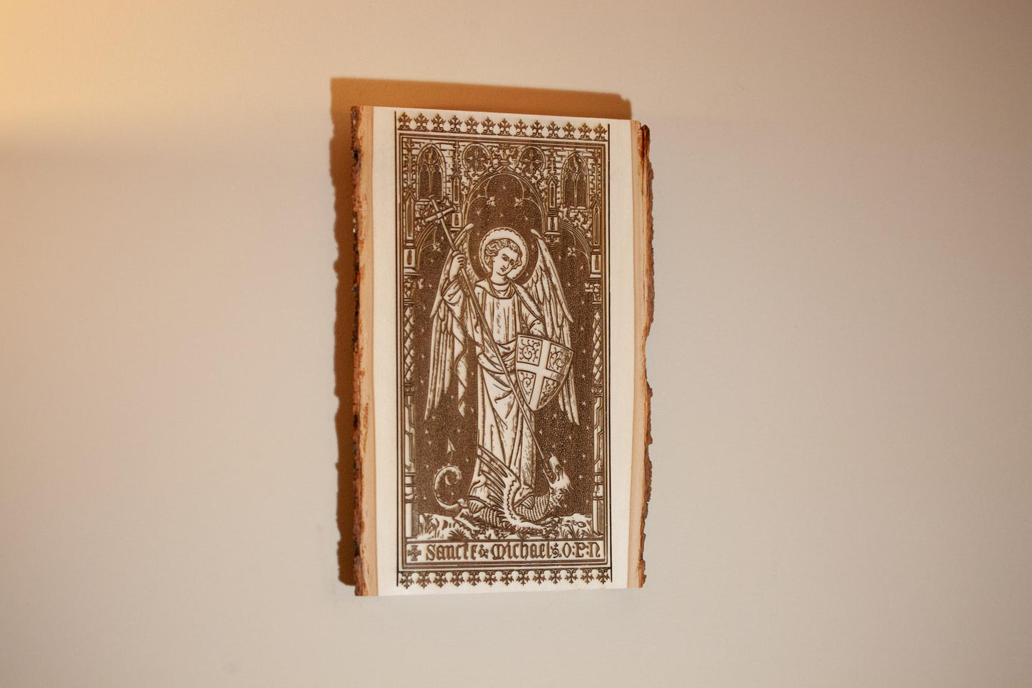 Saint Michael the Archangel, 7.5 x 11 inch Laser-Engraved Wood Wall Art with Bark Edge, Engraved in the USA, Catholic Living