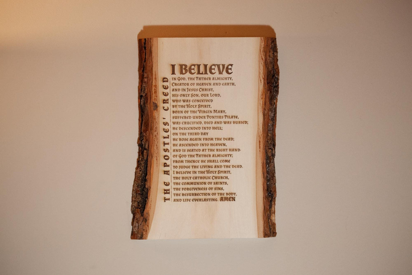 The Apostles' Creed, I Believe, 7.5 x 11 inch Laser-Engraved Wood Wall Art with Bark Edge, Engraved in the USA