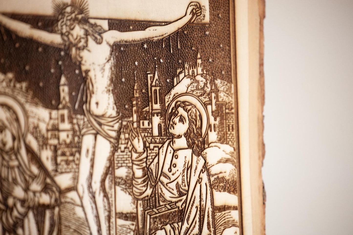 The Crucifixion, 10.5 x 13 inch Laser-Engraved Wood Wall Art with Bark Edge, Engraved in the USA