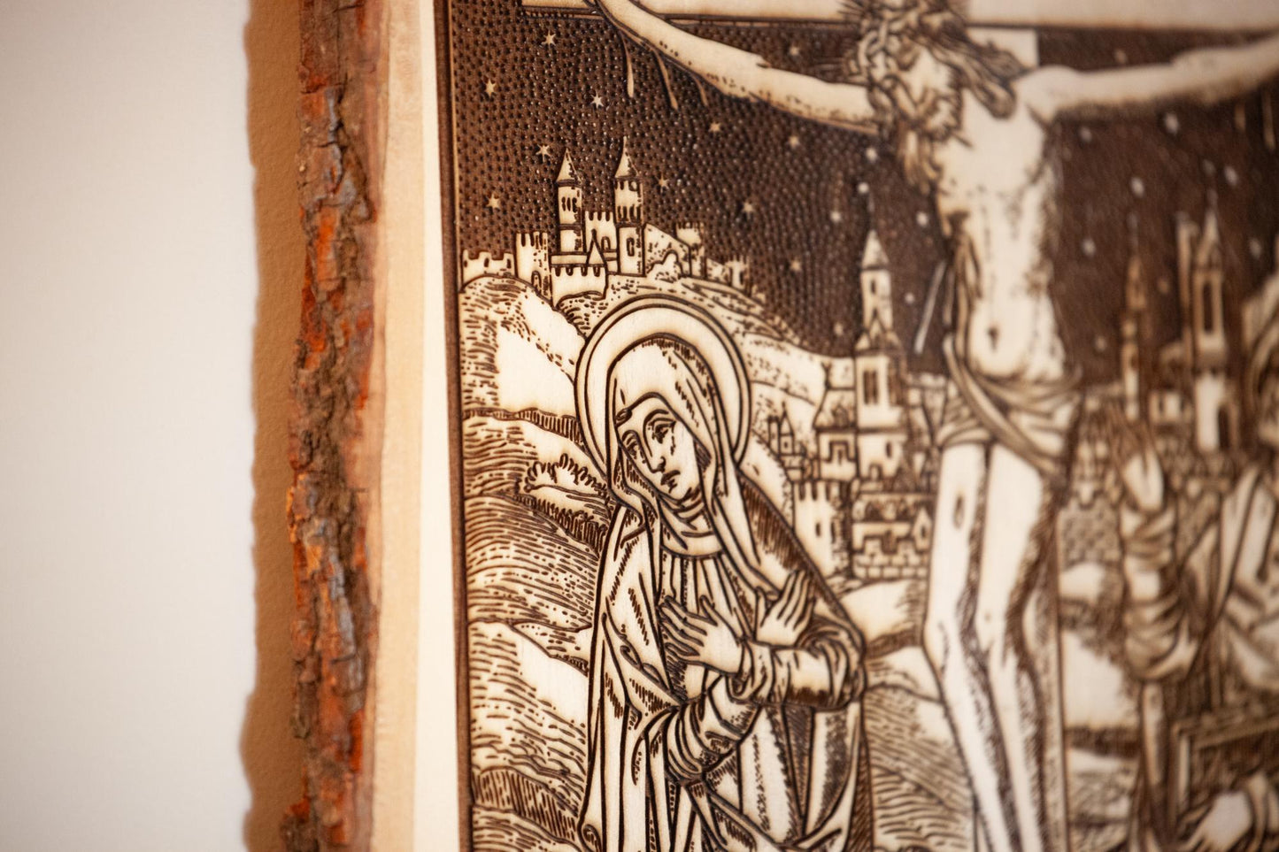 The Crucifixion, 10.5 x 13 inch Laser-Engraved Wood Wall Art with Bark Edge, Engraved in the USA