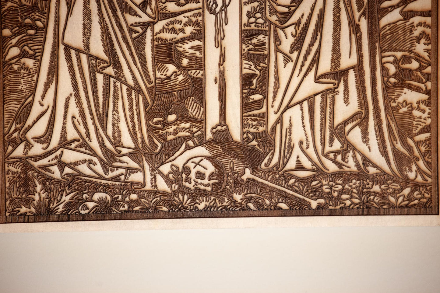 The Crucifixion, 10.5 x 13 inch Laser-Engraved Wood Wall Art with Bark Edge, Engraved in the USA