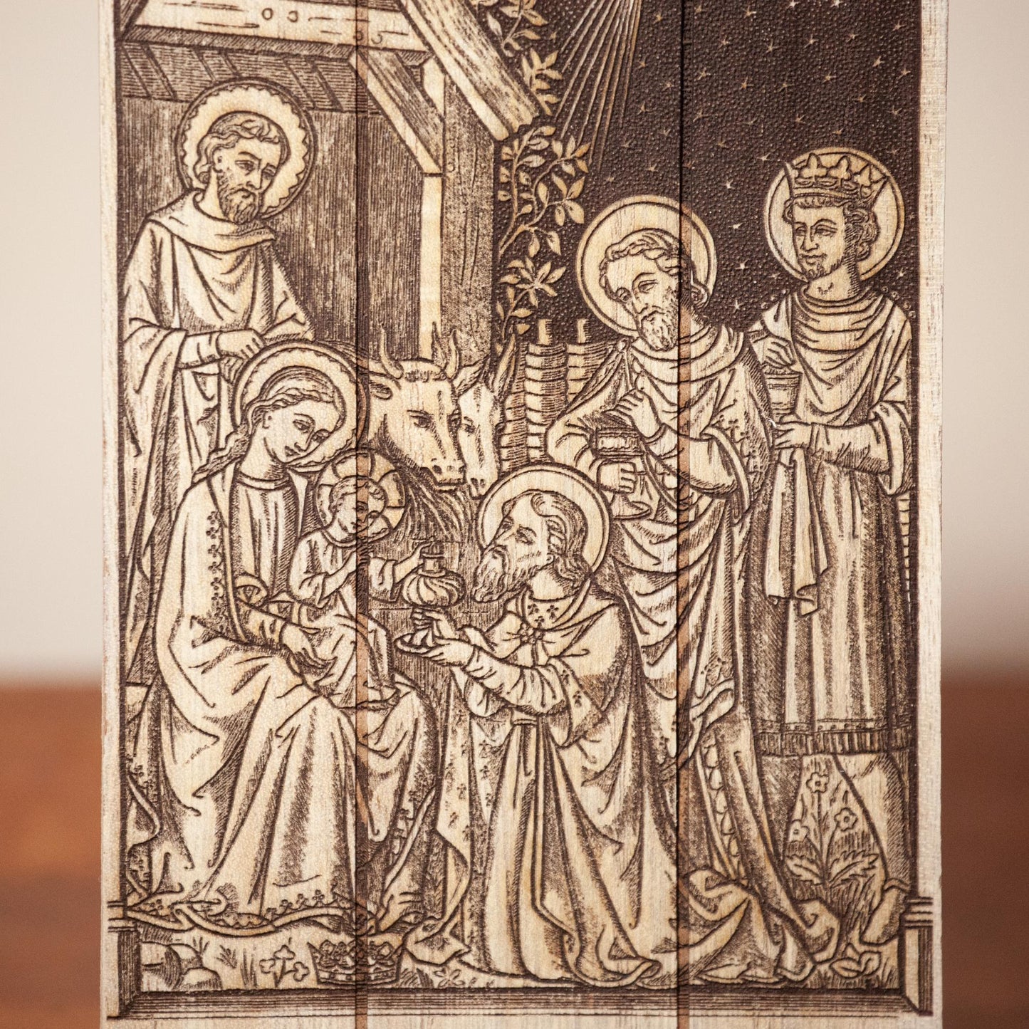 Three Wise Men, Epiphany, Nativity, Christmas, Laser-Engraved Wood Panel Easel Art, approximately 4.75" x 7.5" | Engraved in the USA