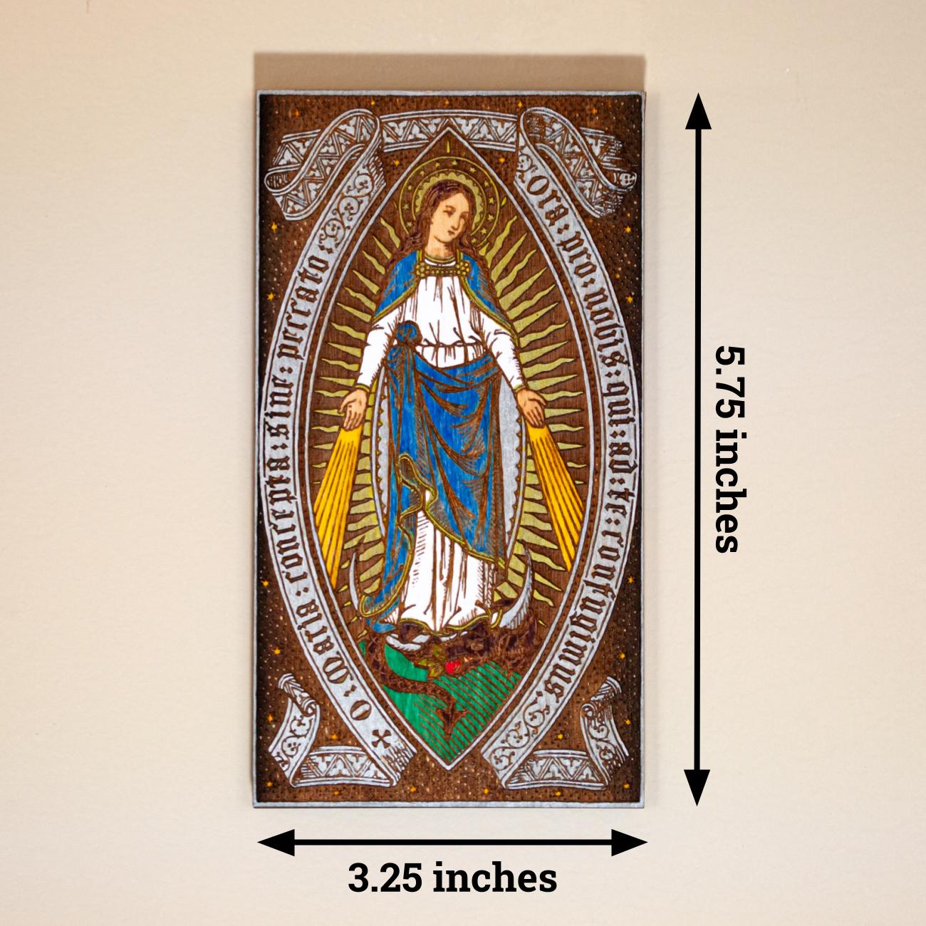 Our Lady of Grace, Hand-Colored, Laser-Engraved, Mini Wood Wall Art, 3.25" x 5.75", Engraved and Hand-Colored in the USA
