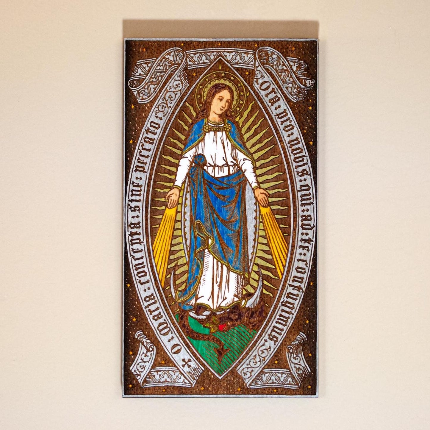 Our Lady of Grace, Hand-Colored, Laser-Engraved, Mini Wood Wall Art, 3.25" x 5.75", Engraved and Hand-Colored in the USA