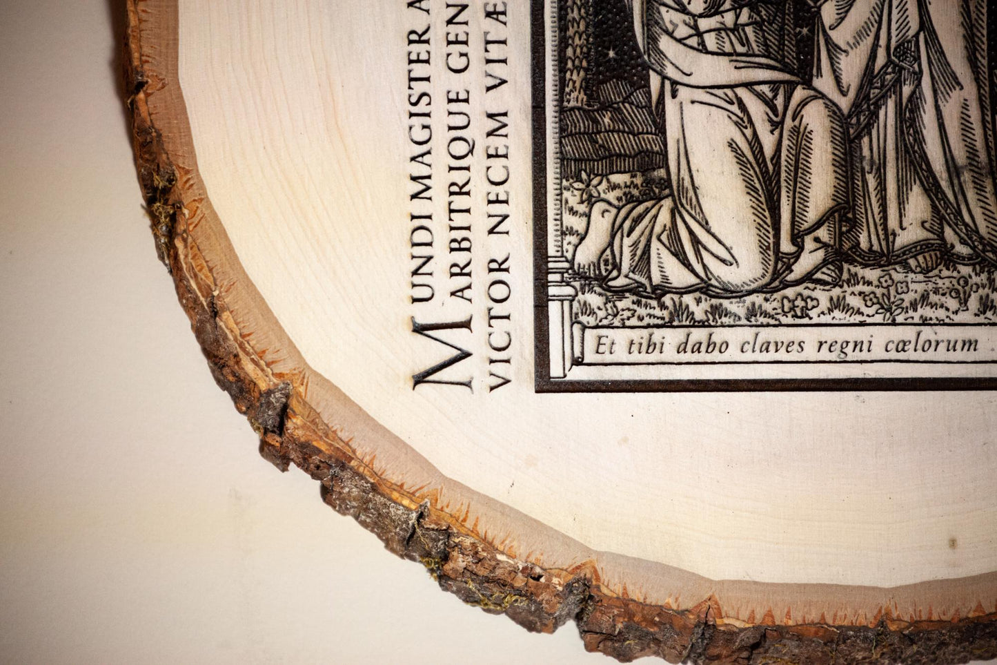 Saint Peter with Jesus, Keys to the Kingdom, 10" x 12" Laser-Engraved Wood Wall Art with Bark Edge, Engraved in the USA, Catholic Living