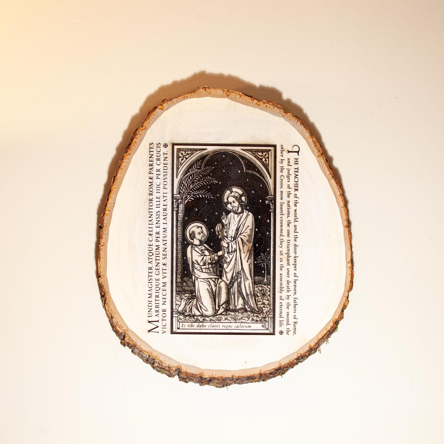 Saint Peter with Jesus, Keys to the Kingdom, 10" x 12" Laser-Engraved Wood Wall Art with Bark Edge, Engraved in the USA, Catholic Living