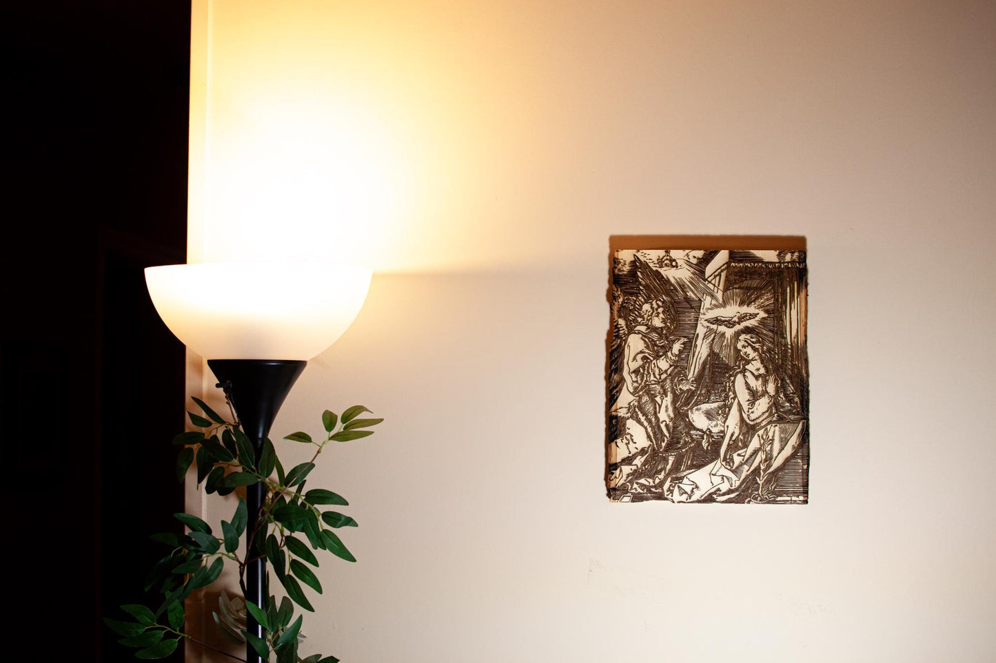 The Annunciation of the Angel Gabriel to Mary 10" x 13" Laser-Engraved Wood Wall Art with Bark Edge, Engraved in the USA, Catholic Living