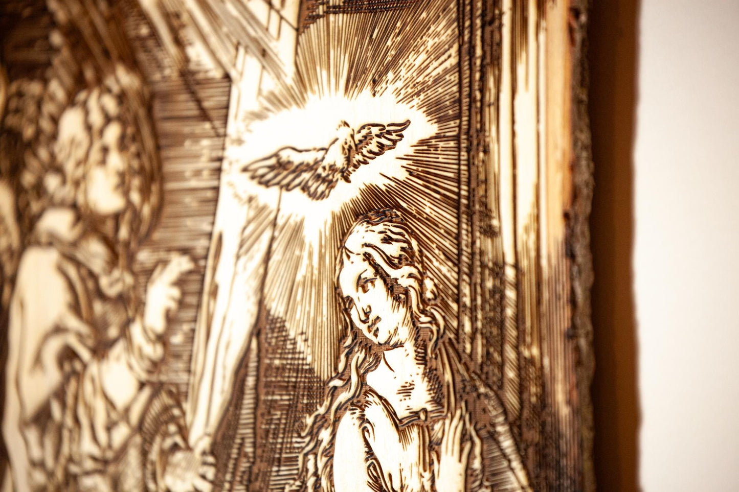 The Annunciation of the Angel Gabriel to Mary 10" x 13" Laser-Engraved Wood Wall Art with Bark Edge, Engraved in the USA, Catholic Living