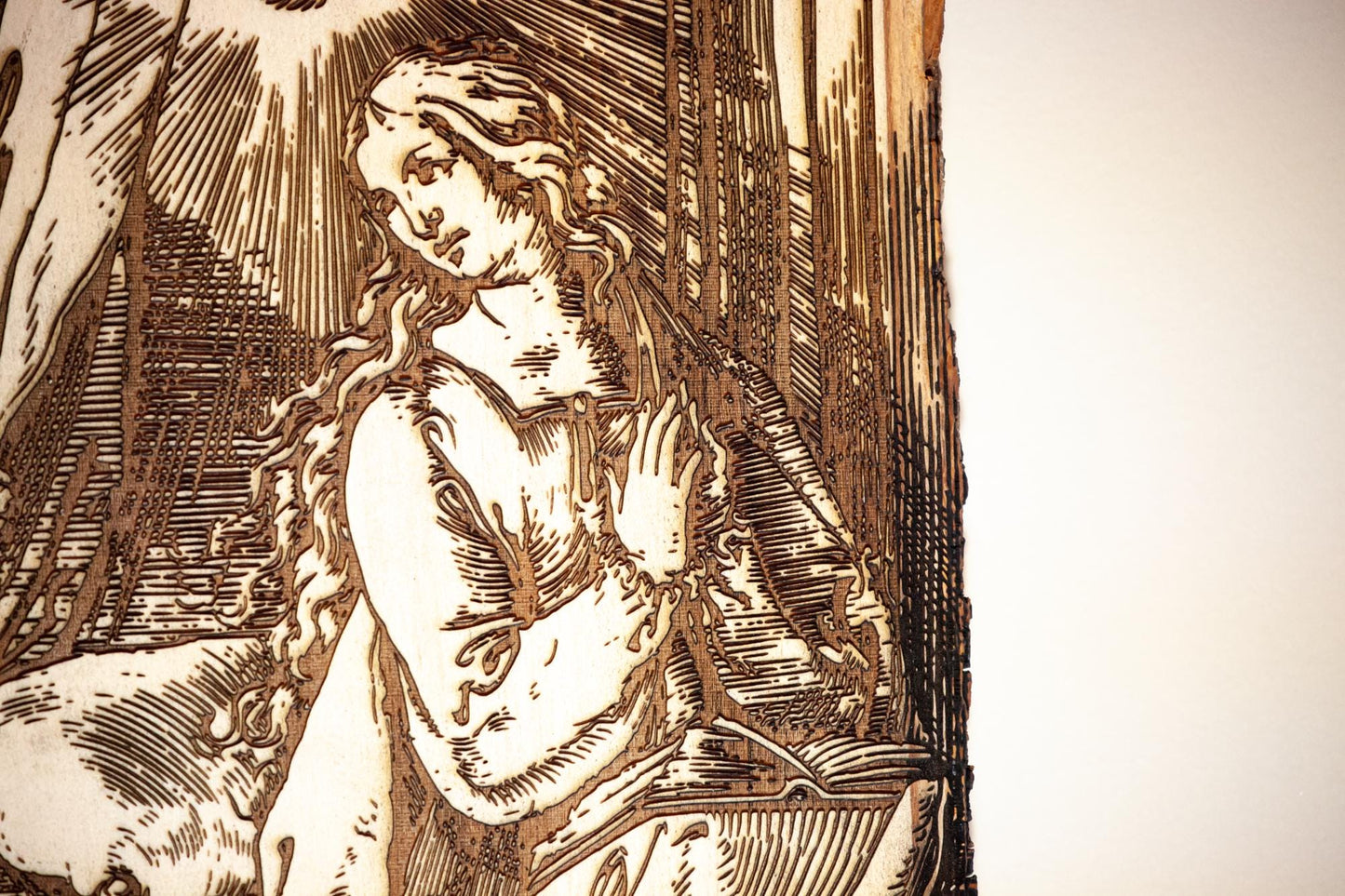 The Annunciation of the Angel Gabriel to Mary 10" x 13" Laser-Engraved Wood Wall Art with Bark Edge, Engraved in the USA, Catholic Living