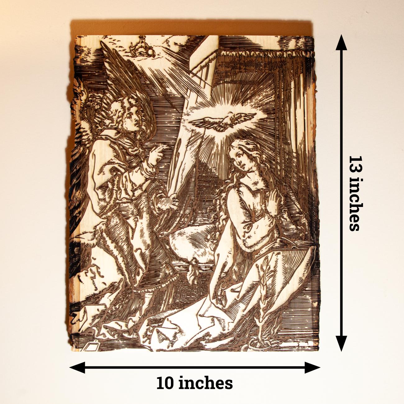The Annunciation of the Angel Gabriel to Mary 10" x 13" Laser-Engraved Wood Wall Art with Bark Edge, Engraved in the USA, Catholic Living