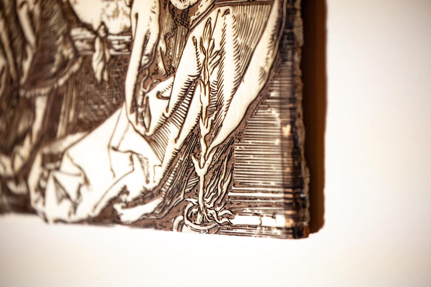The Annunciation of the Angel Gabriel to Mary 10" x 13" Laser-Engraved Wood Wall Art with Bark Edge, Engraved in the USA, Catholic Living
