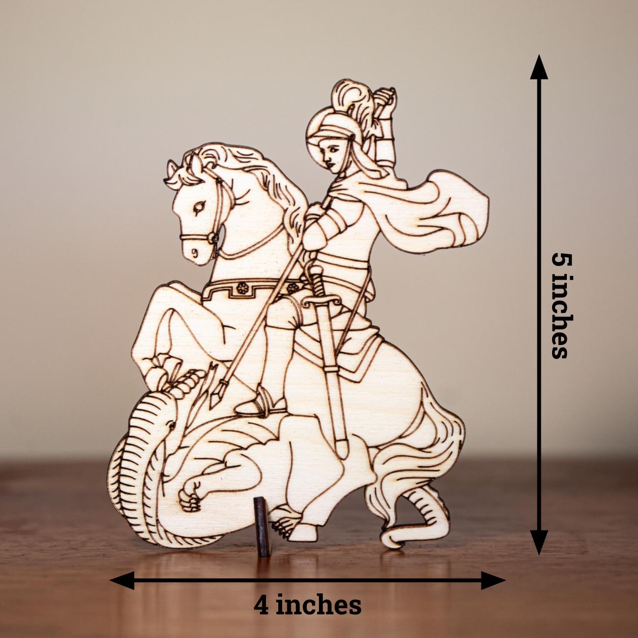 Saint George and the Dragon, Paint Your Own Mini Saint Cutout Figurines, Birch Wood, 5" x 4", Laser Cut and Engraved in the USA