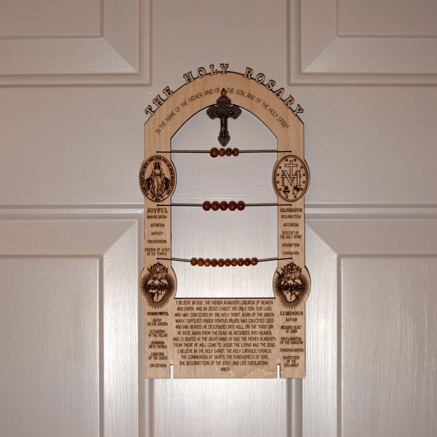 3-in-One Kitchen Rosary, 12" x 6", Laser-Engraved Birch Wood, For Fridge, Countertop, Wall, Made in the USA, Catholic Living