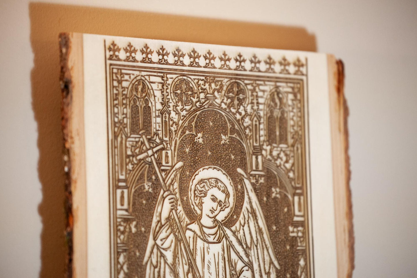 Saint Michael the Archangel, 7.5 x 11 inch Laser-Engraved Wood Wall Art with Bark Edge, Engraved in the USA, Catholic Living